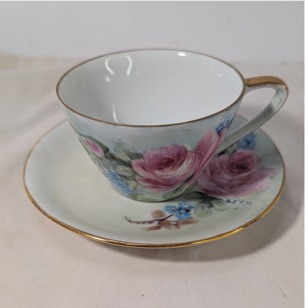 Victorian Hand Painted Rose Forget-Me-Not Teacup Saucer Set C. Henderson Signed